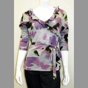 Purple Floral Faux Wrap Long Sleeved Stretch Top L